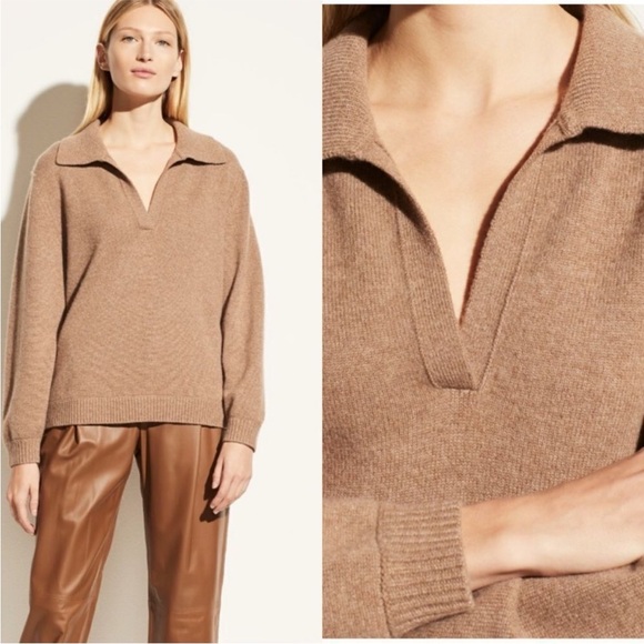 Vince Sweaters - Vince Sweater Raglan Sleeve Polo Collar V-Neck in Chestnut Brown